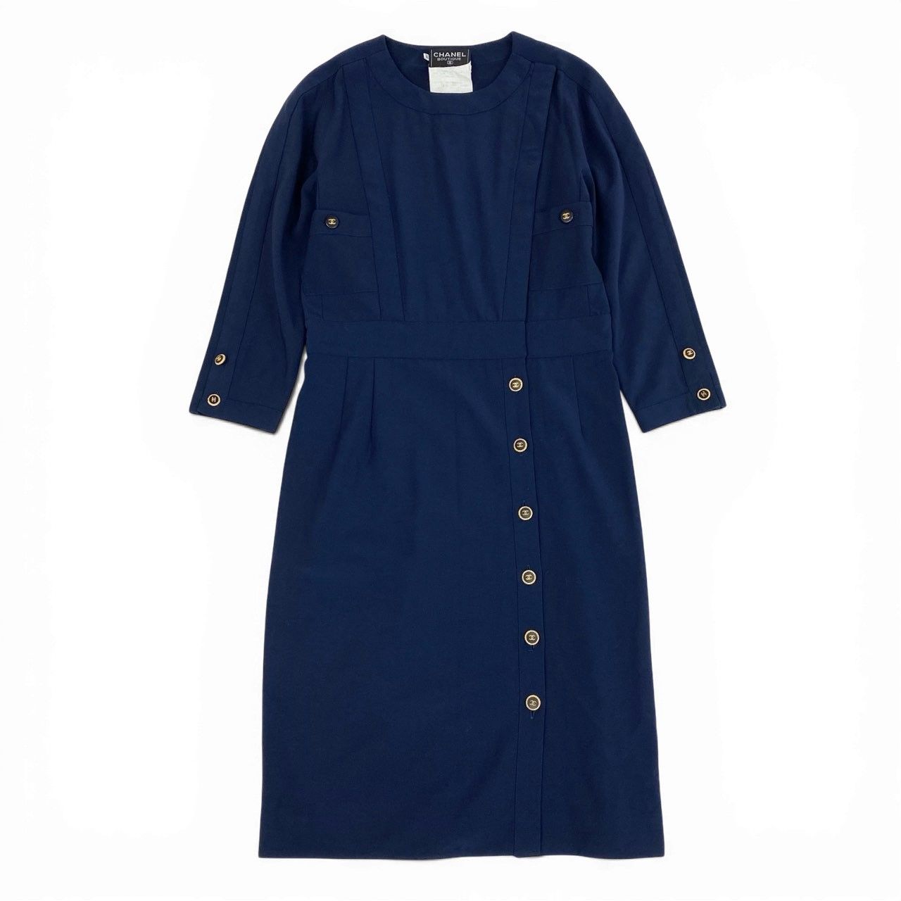 CHANEL ネイビー ホワイト袖 ワンピース ゴールドボタン CHANEL