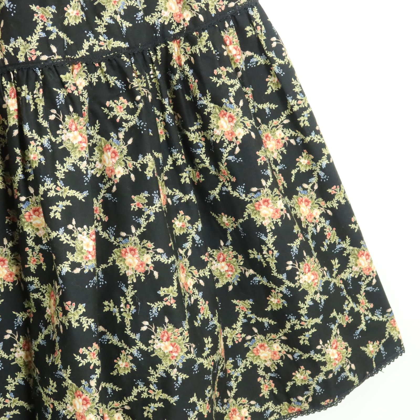 美品】ピンクハウス☆華やかフラワーpt♪ギャザースカート 黒系 前開き  