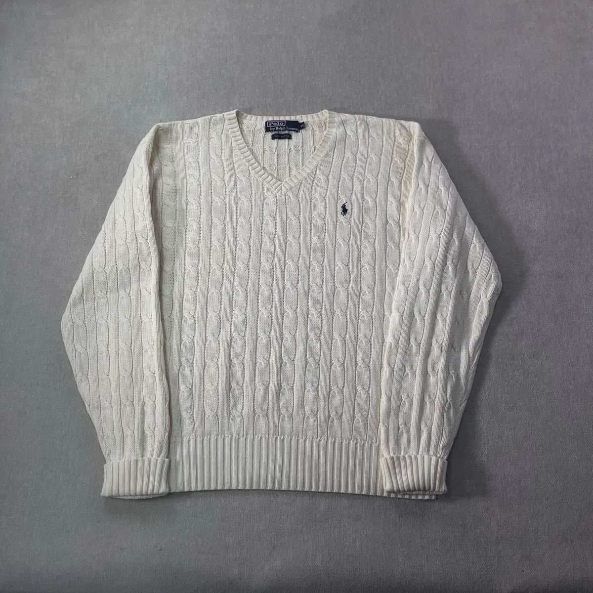 100 POLO RALPH LAUREN(ポロラルフローレン) ケーブル編み 白 Vネック