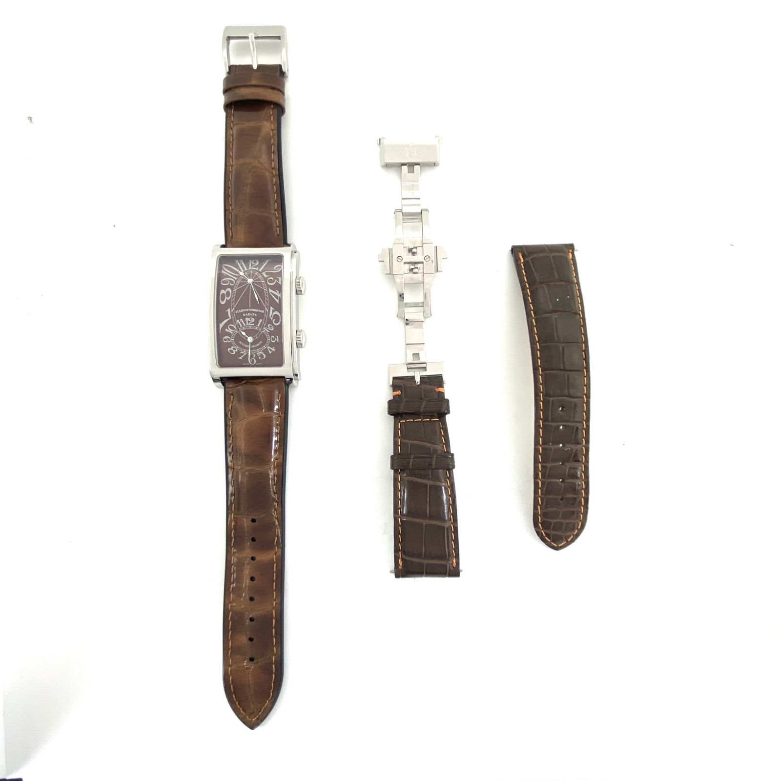  動作良好 腕時計 メンズ クエルボ イ ソブリノス CUERVO Y SOBRINOS プロミネンテ デュアルタイム A1112 2 NUM 34364 ブラウン 自動巻 レクタンギュラー 裏スケ 革 ラバーベルト デニムシャツ 自動巻き時計 腕時計(アナログ)