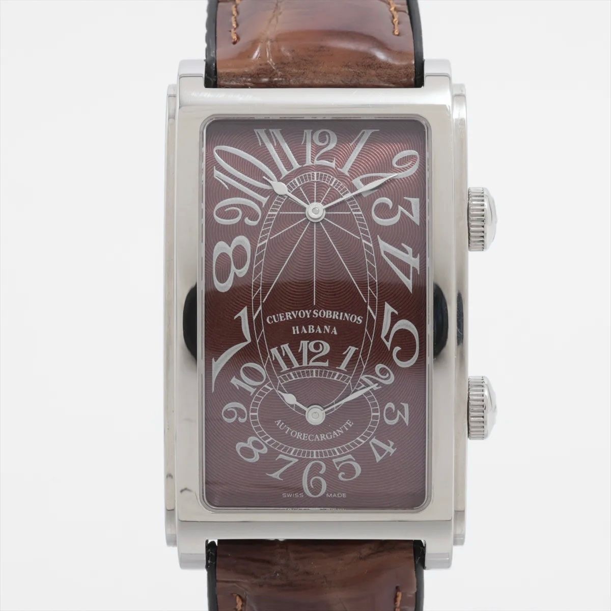 動作良好 腕時計 メンズ クエルボ イ ソブリノス CUERVO Y SOBRINOS プロミネンテ デュアルタイム A1112 2 NUM 34364 ブラウン 自動巻 レクタンギュラー 裏スケ 革 ラバーベルト