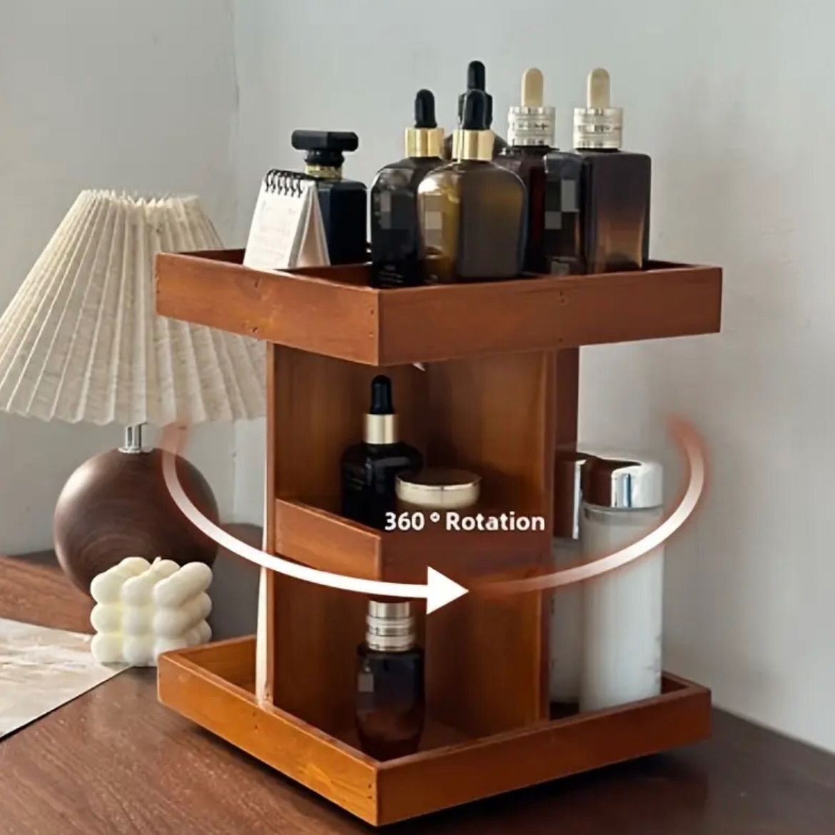 北欧風 木製コスメ収納ラック 360°回転式未使用 収納360」回転式収納