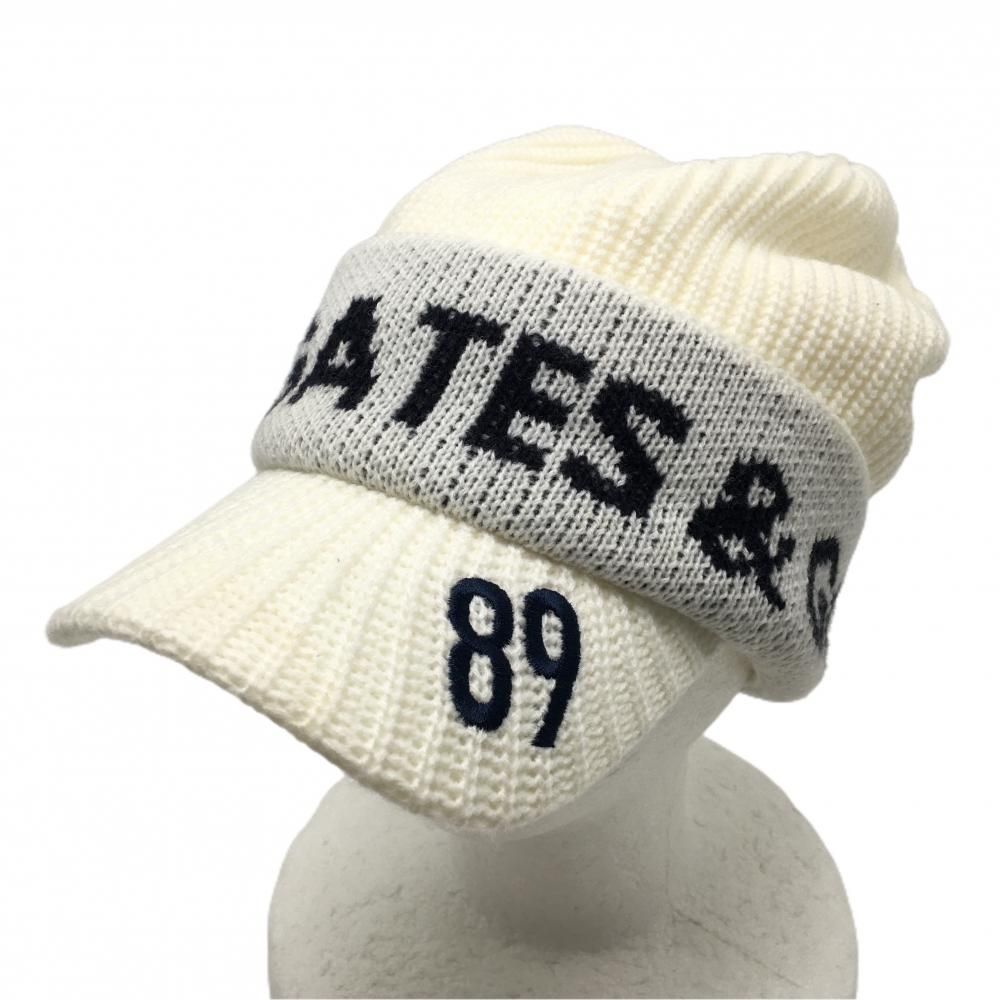 パーリーゲイツ つば付ニット帽 白×黒 裏フリース アクリル100％ FR