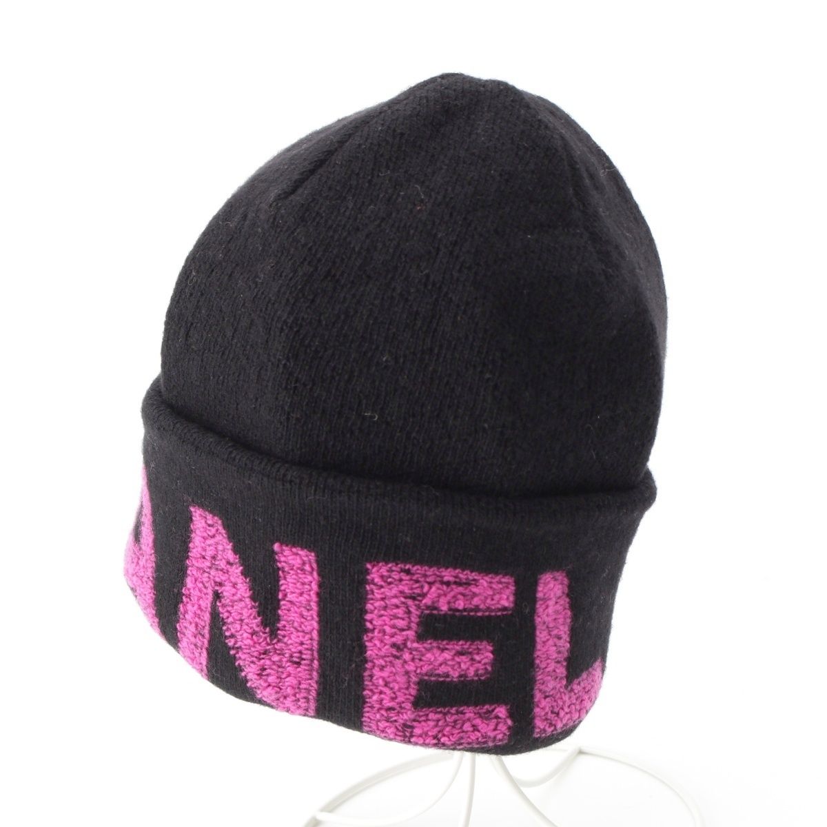 シャネル カシミヤ混 ロゴ ニットキャップ ビーニー 帽子 ブラック