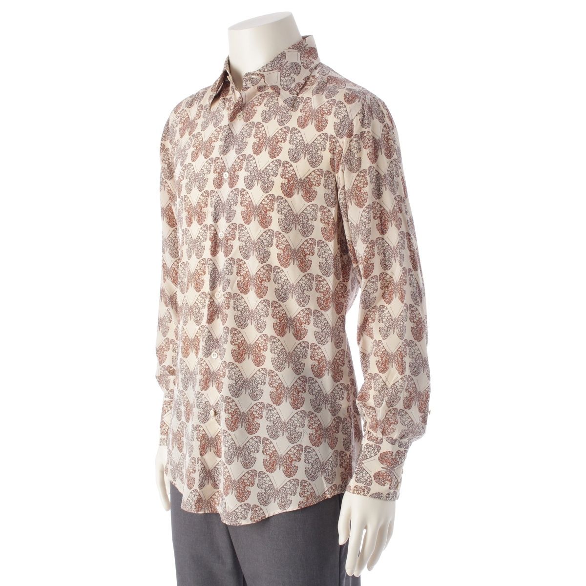 グッチ シルク バタフライ柄 長袖 ブラウス シャツ ベージュ 40 15 3/4