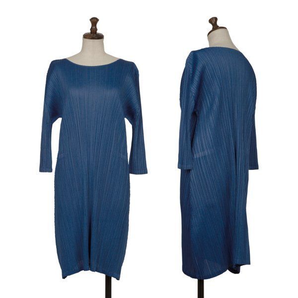 プリーツプリーズPLEATS PLEASE プリーツ七分袖フレアチュニック 青3