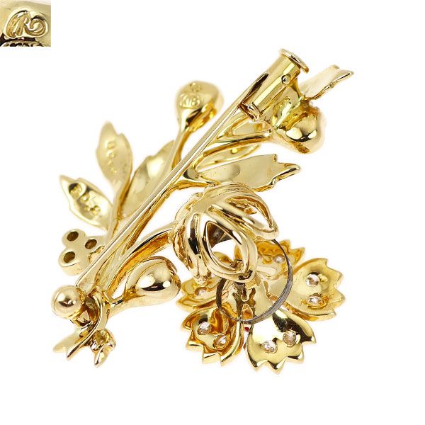 18K金の花デザイン ルビー宝石 ピンブローチ K18YG Gold ゴールド 18K