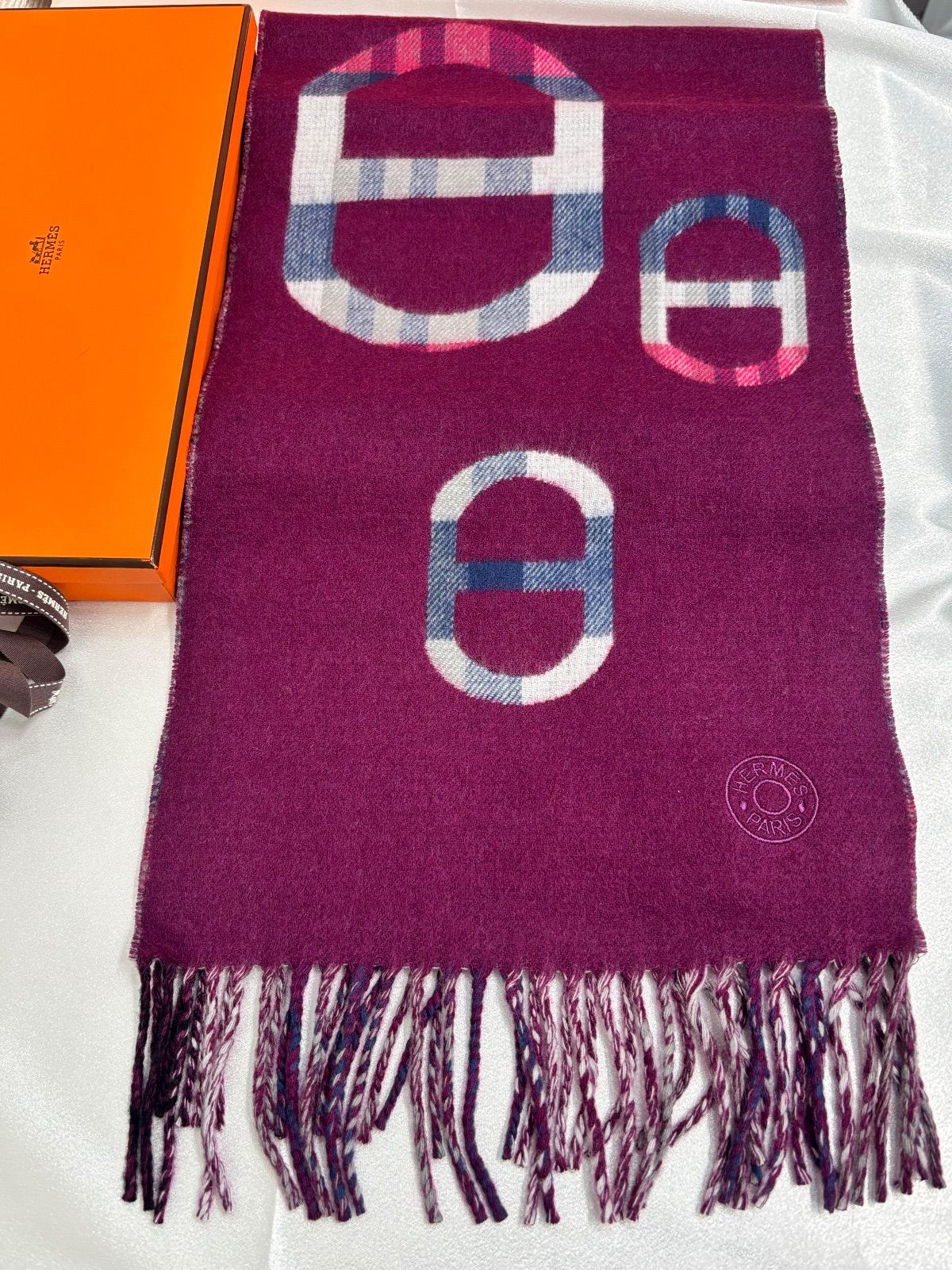 新品）HERMÈS エルメス カシミヤ100% マフラー ボルドー系 /贈り物