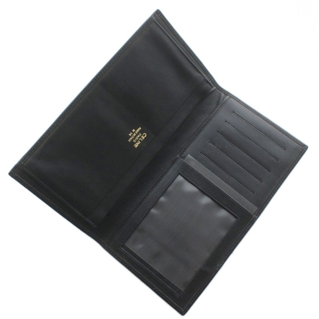 美品 CELINE 長財布 ブラック レザー 二つ折り バーティカル ウォレット セリーヌ CELINE 長財布 お札入れ 二つ折り レザー ロゴ 型押し 黒