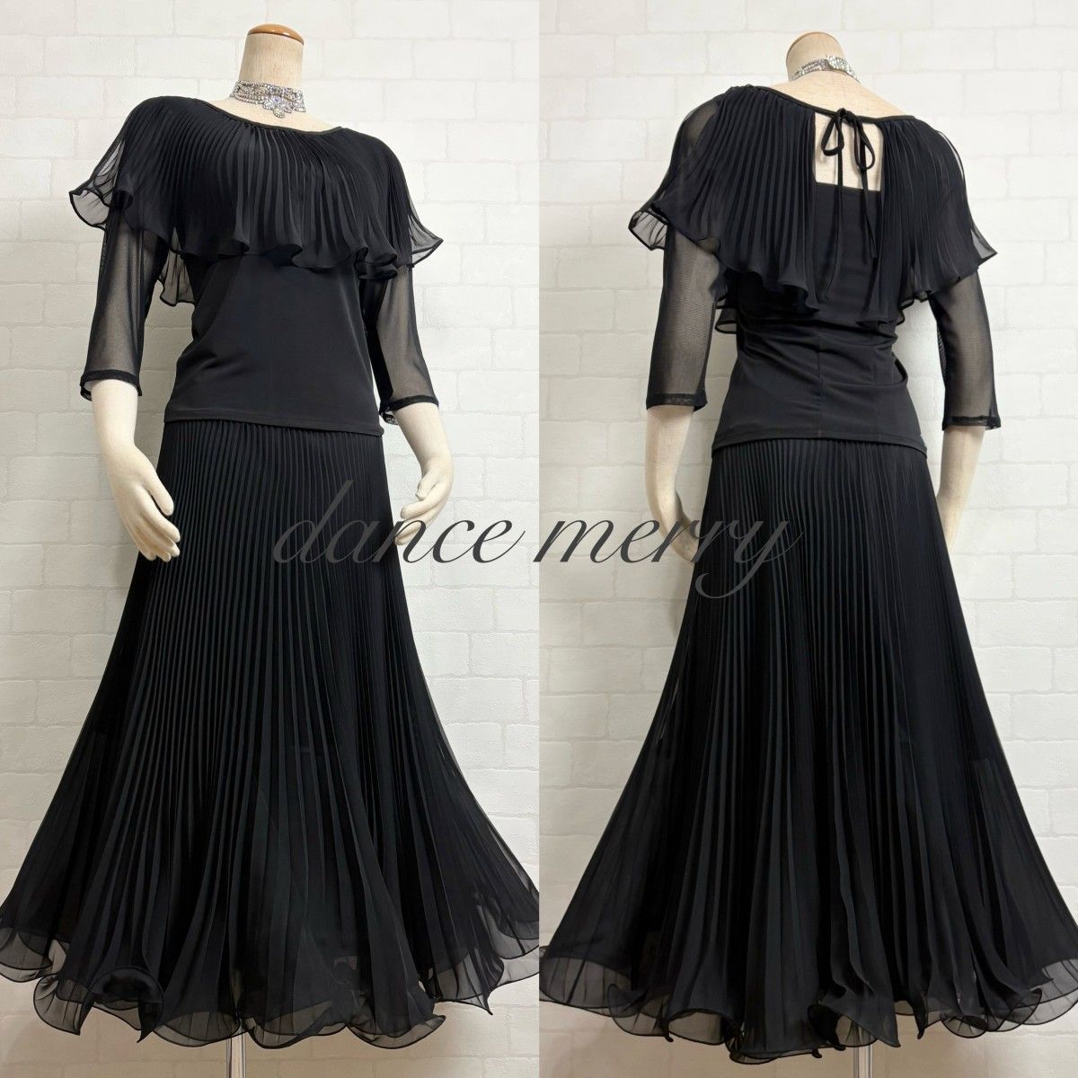 新品 社交ダンス 黒 ブラック ツーピース プリーツ セットアップ