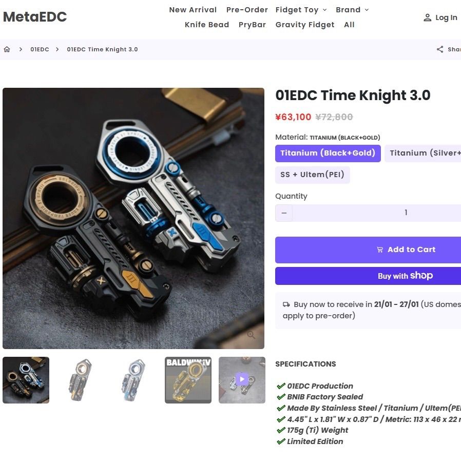 01 EDC Time Knight 3 0 ブラック ゴールド スライダー チタン Ultem