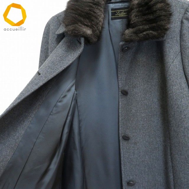 w レリアン Leilian ファー付き コート 13+ グレー ミンク カシミヤ