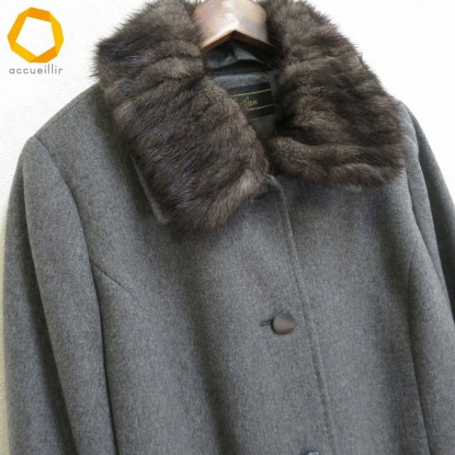 w レリアン Leilian ファー付き コート 13+ グレー ミンク カシミヤ