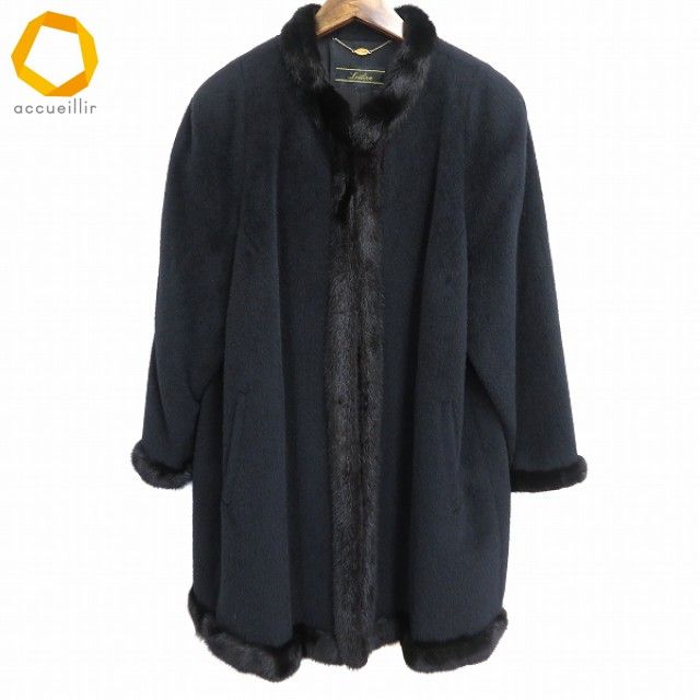 w レリアン Leilian ミンクファー付き コート 13+ 黒 ウール 毛