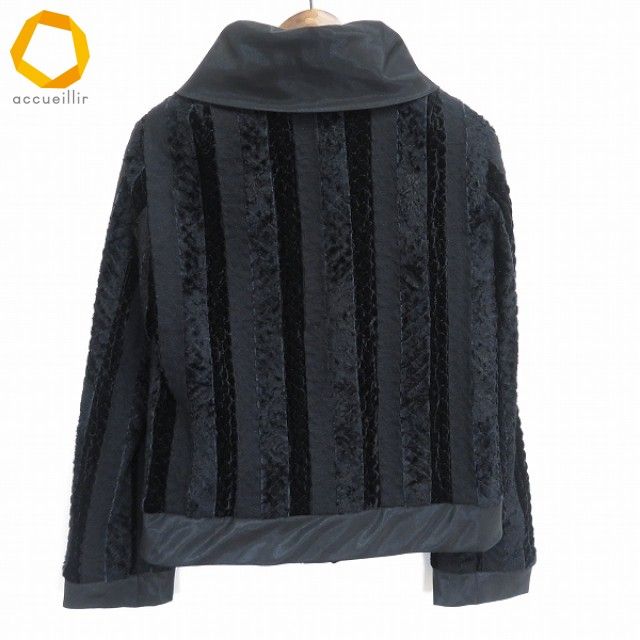 ヒロココシノ ウール100% ノーカラージャケット 9号 黒　ブラック　個性的 a ヒロココシノ HIROKO KOSHINO ブルゾン 9号 黒 ストライプ ウール混