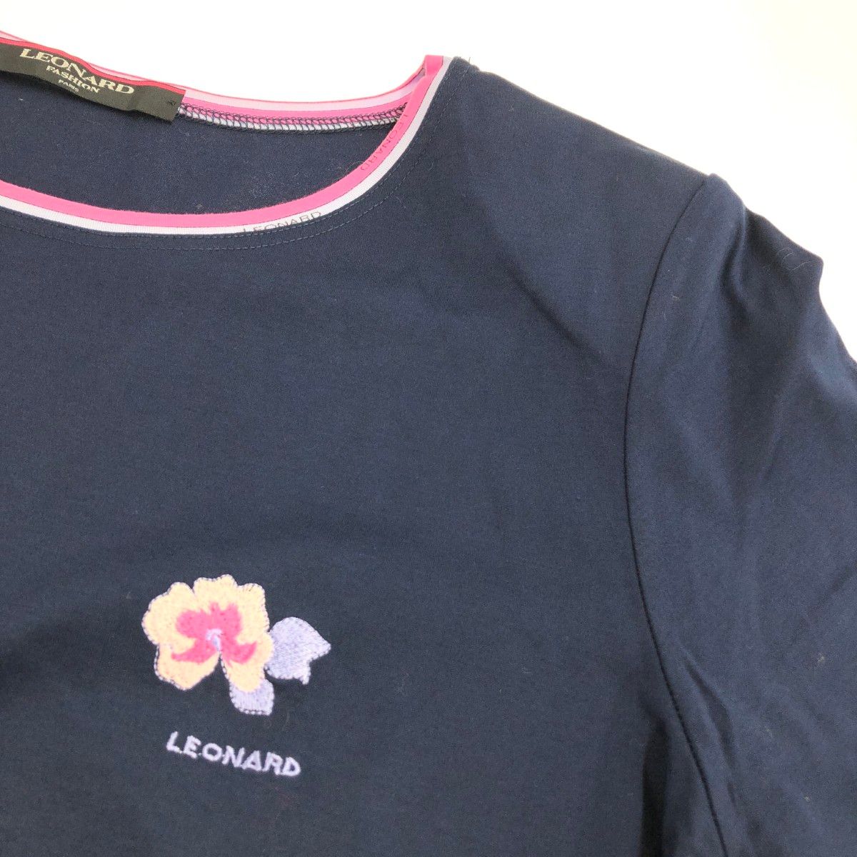 LEONARD レオナール 半袖カットソー サイズ:LL 花柄 刺繍 ネイビー
