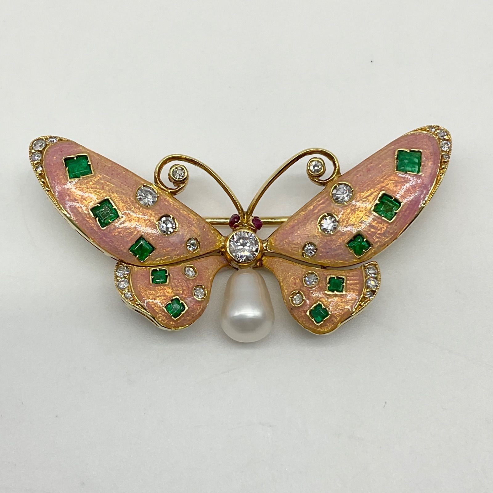 バタフライ ブローチ K18 18金 ダイヤモンド エメラルド パール