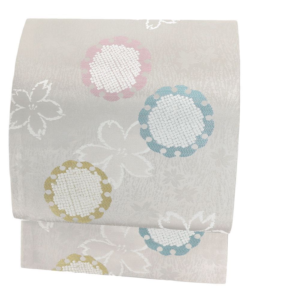 名古屋帯 正絹 中古 グレー 桜 雪輪 銀糸 リサイクル カジュアル