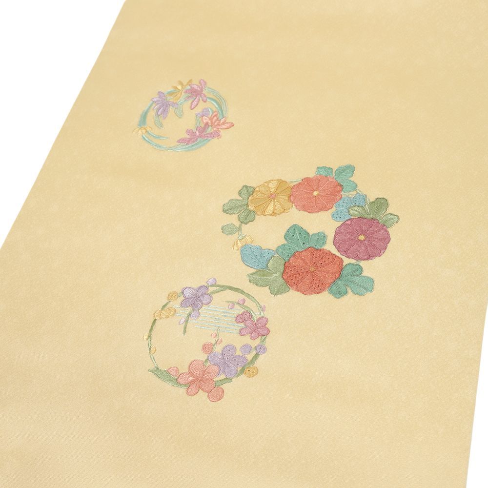 名古屋帯 正絹 蘇州刺繍 塩瀬 クリーム色 花 菊 梅 花の丸 中国三大