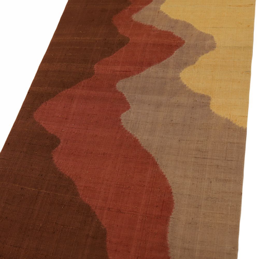 名古屋帯 しょうざん 生紬 正絹 茶 道長 流水 絞り 長尺 リサイクル