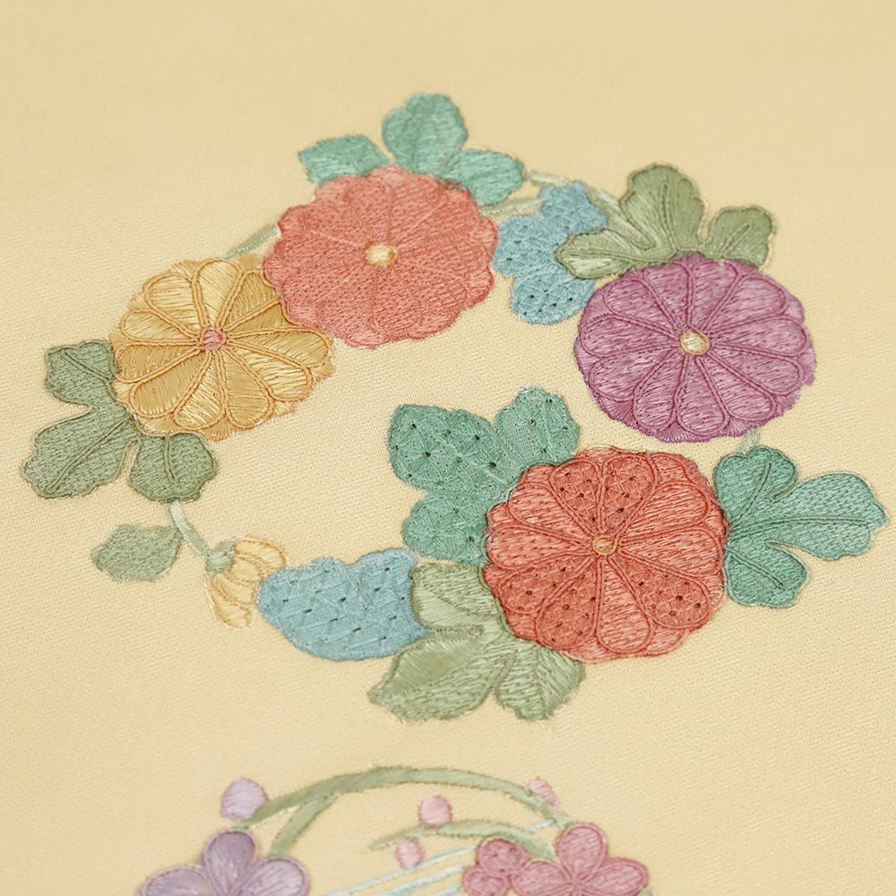 名古屋帯 正絹 蘇州刺繍 塩瀬 クリーム色 花 菊 梅 花の丸 中国三大