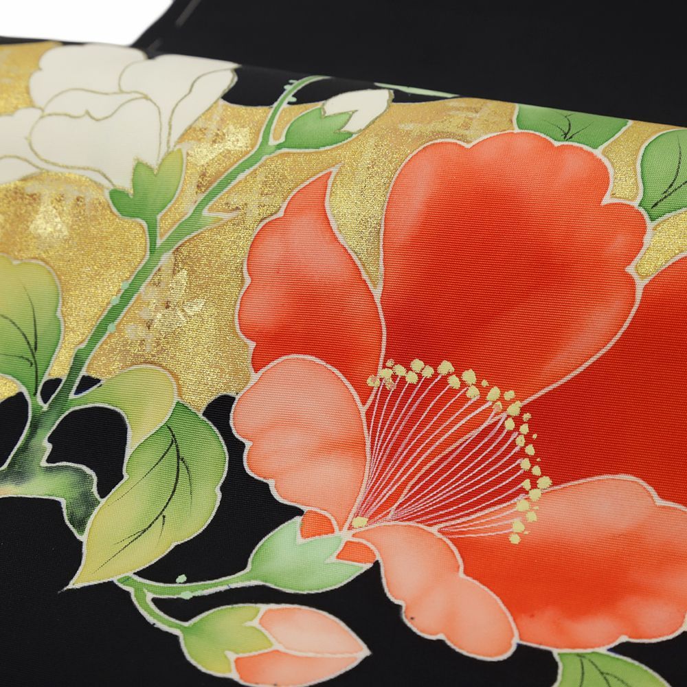 名古屋帯 正絹 黒 花 椿 塩瀬 新古品 本金彩加工 手描友禅 カジュアル