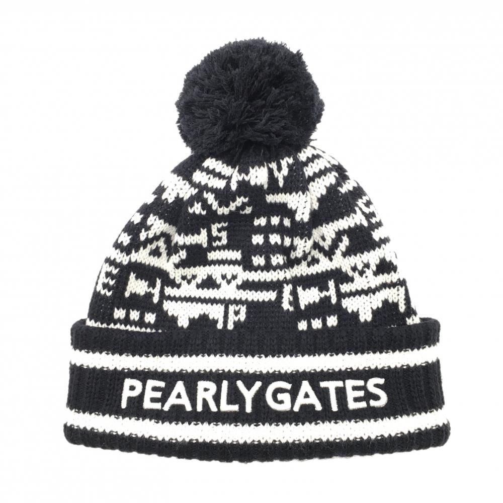 美品】パーリーゲイツ ニット帽 ネイビー×白 総柄 ボンボン付 FR