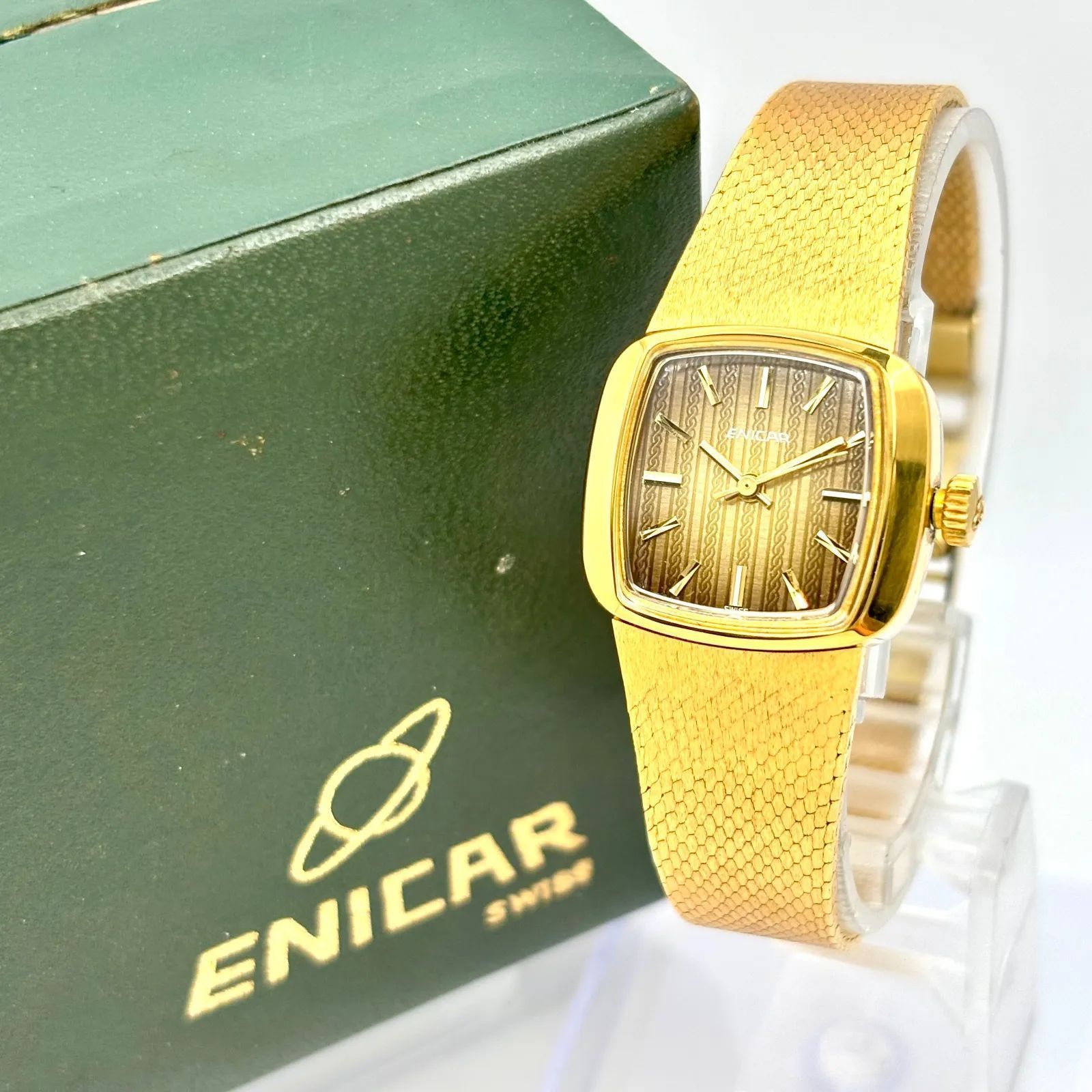と*し様 ENICAR ゴールド 手巻き アナログ時計 箱付/稼働】ENICAR エニカ 機械式 手巻き レディース 腕時計 ゴールド