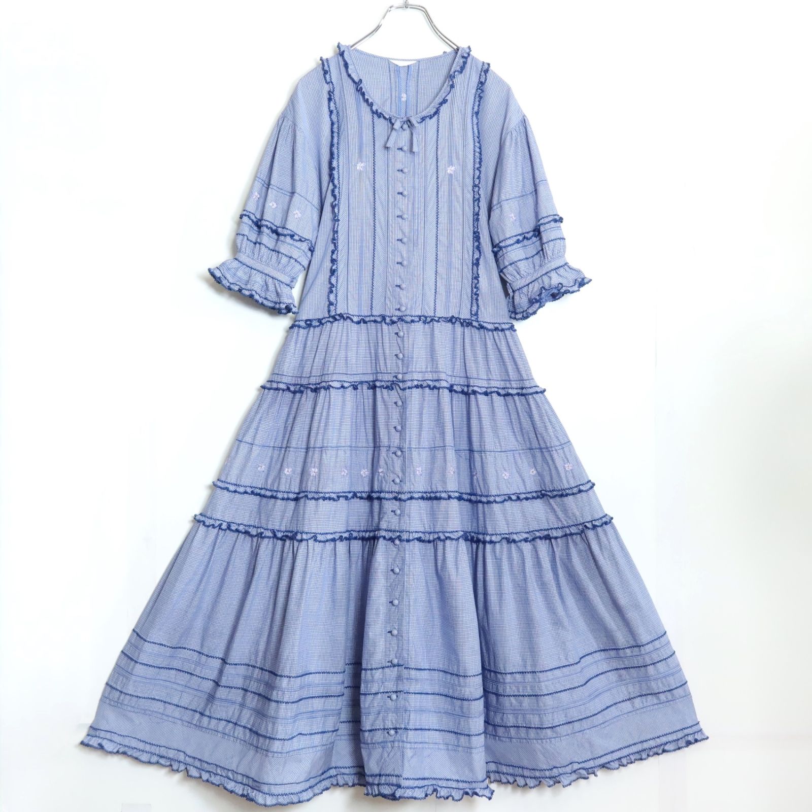 美品】ピンクハウス☆すみれ刺繍&フリル♪チェックのローンワンピース