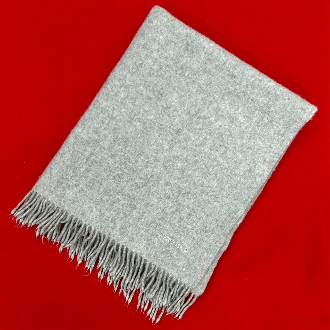 極 美品 希少品 HERMES エルメス ロゴ 刺繍 フリンジ 無地 カシミヤ