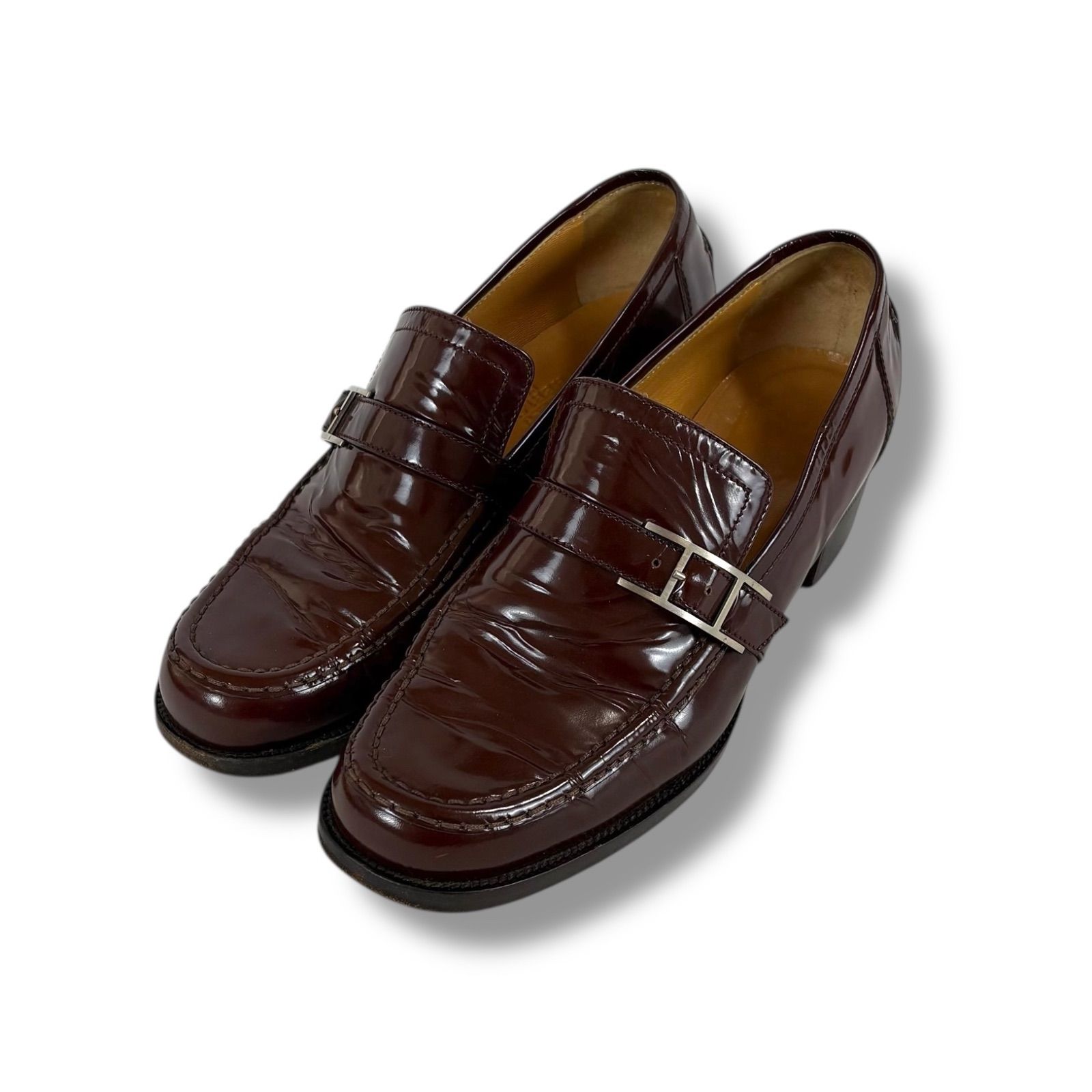 エルメス HERMES Hロゴ ローファー モカシン ブラウン パテントレザー