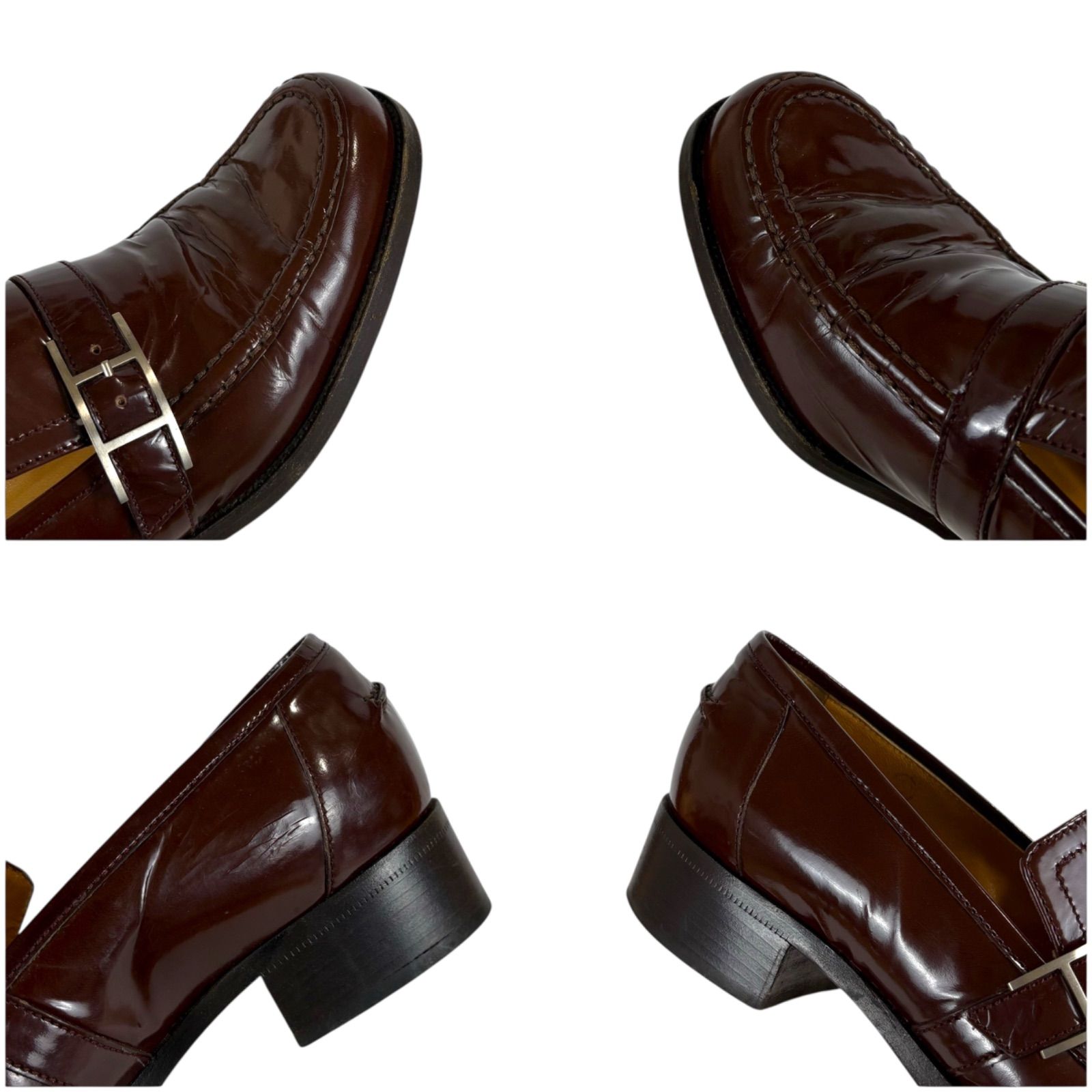 エルメス HERMES Hロゴ ローファー モカシン ブラウン パテントレザー