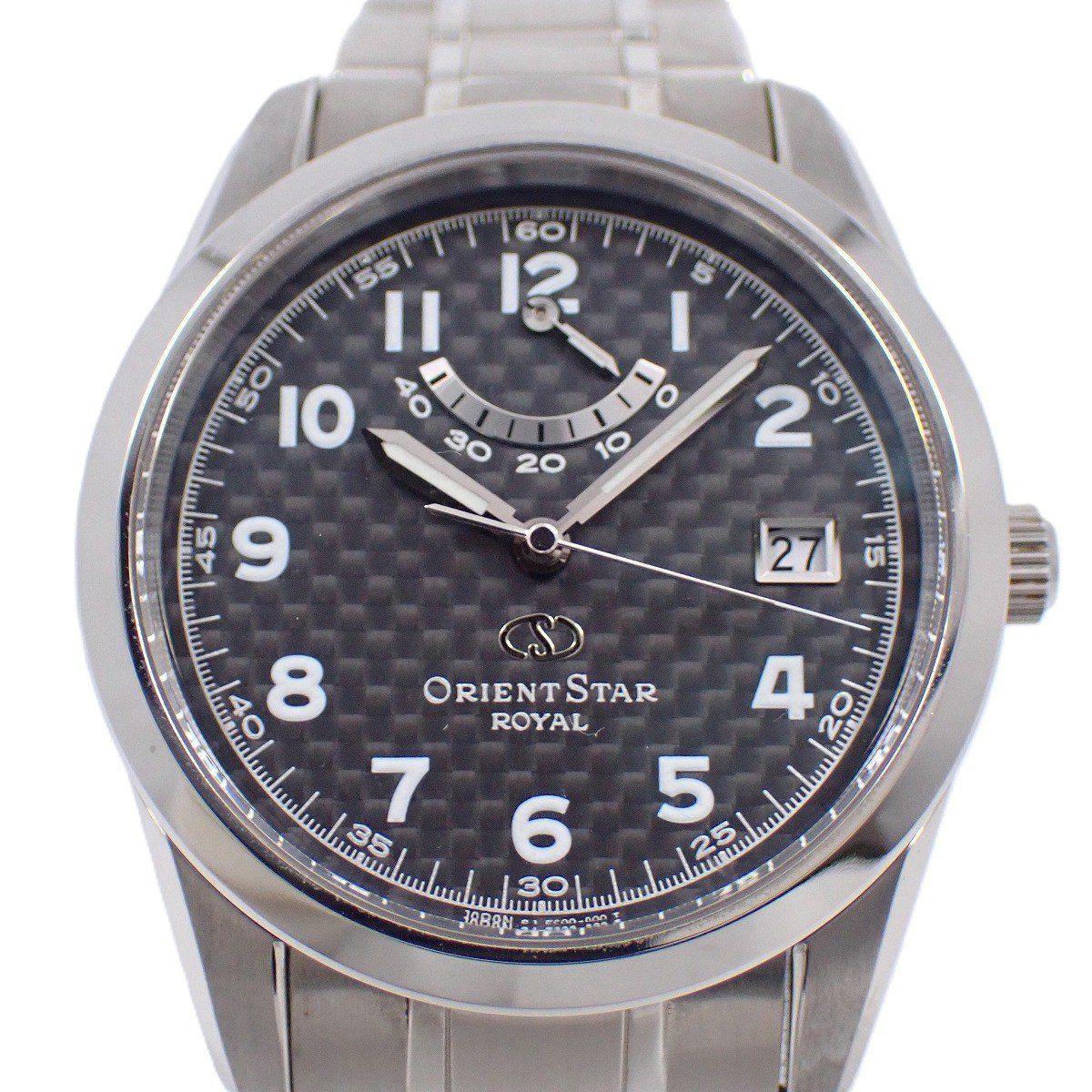訳あり品 オリエントスター ロイヤル 500本 自動巻き メンズ 腕時計 パワーリザーブ カーボン文字盤 WZ0041FC いおき質店