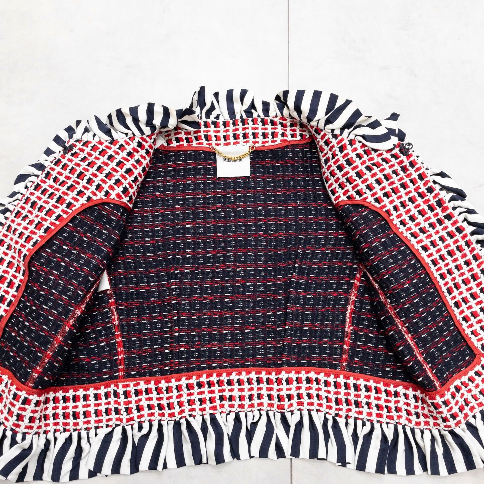 【新品】MOSCHINO モスキーノ【M】 蛇柄 フリル付き シルク　スカート MOSCHINO モスキーノ セットアップ チェック 立体フラワーモチーフ