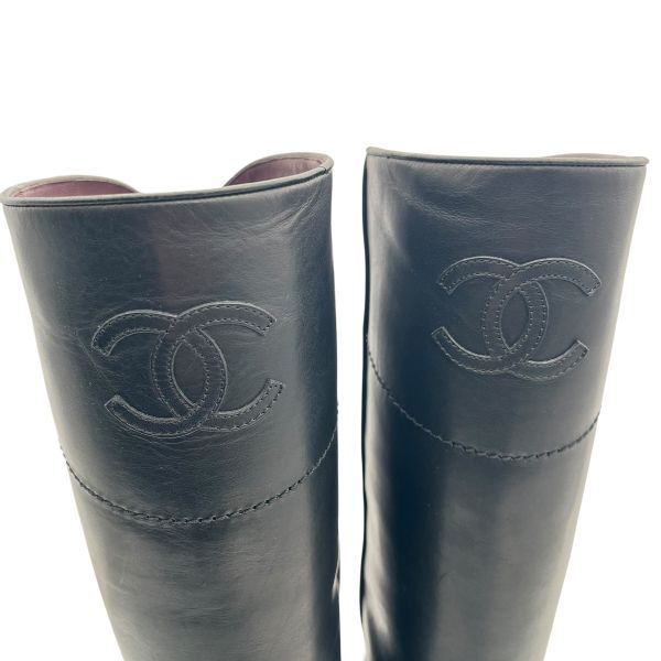 ○□ シャネル CHANEL ロングブーツ ココマーク CCマーク 黒 レザー 