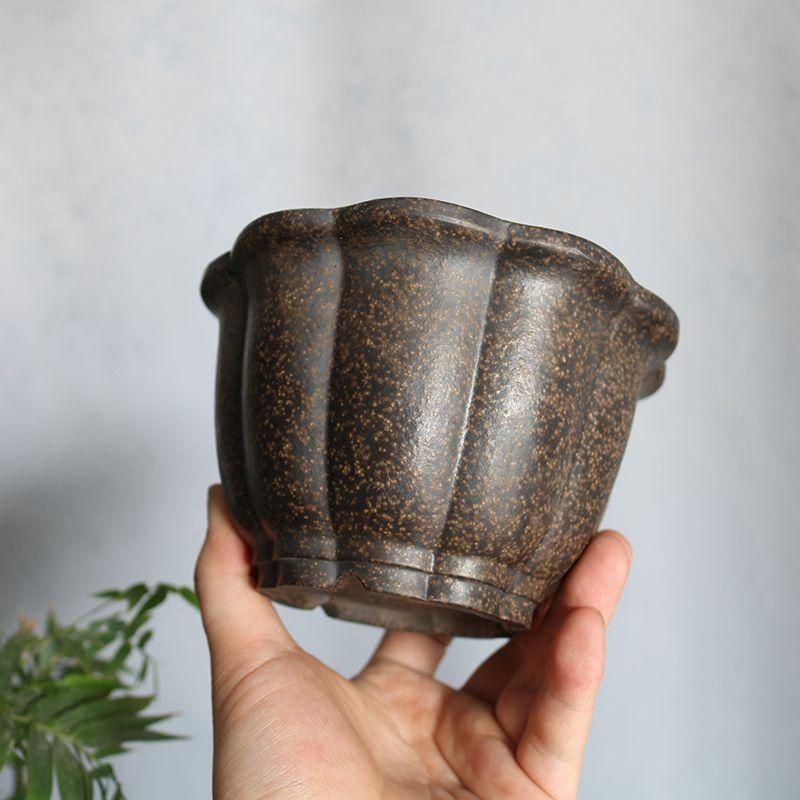 蓮華菱花三足高円盆 紫砂の鉢 盆栽鉢 植木鉢 小品盆栽