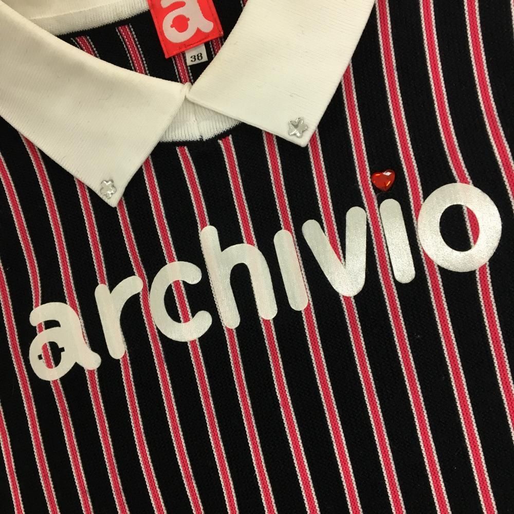 アルチビオ 襟付セーター 黒×ピンク ストライプ ウール混 ニット