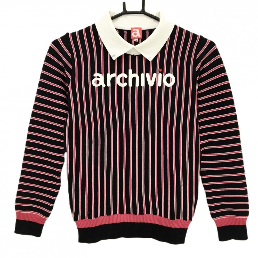 アルチビオ 襟付セーター 黒×ピンク ストライプ ウール混 ニット