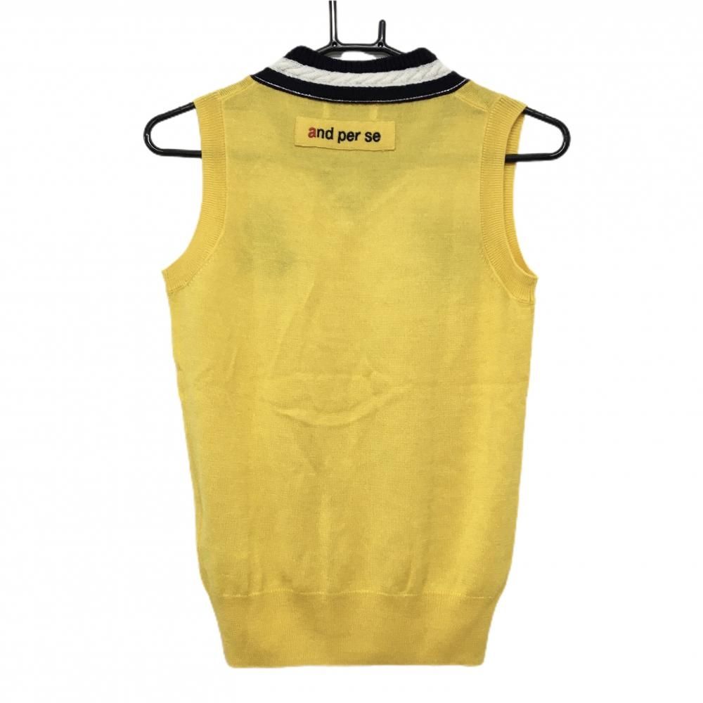 美品】アンパスィ ニットベスト イエロー×ネイビー 襟元ケーブル編み