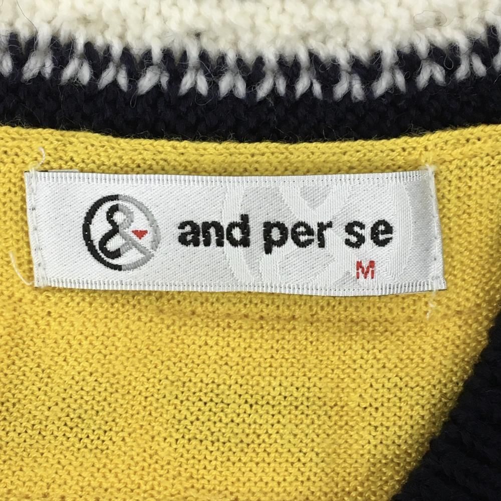 美品】アンパスィ ニットベスト イエロー×ネイビー 襟元ケーブル編み