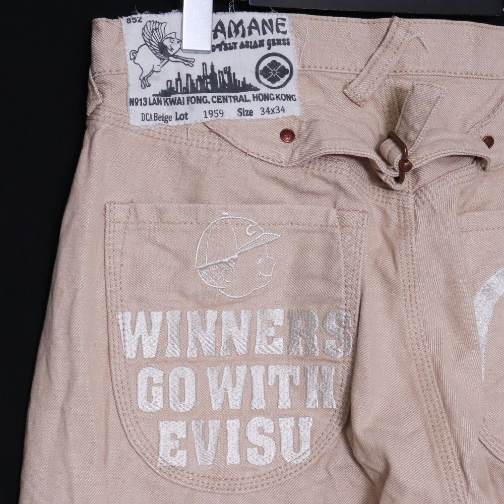EVISU YAMANE カモメ刺繍 シンチバックパンツ サイズ34 ベージュ