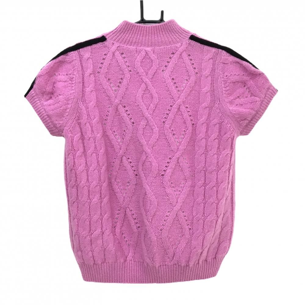 アルチビオ 半袖ハイネックセーター ピンク×白 肩ライン ケーブル編み