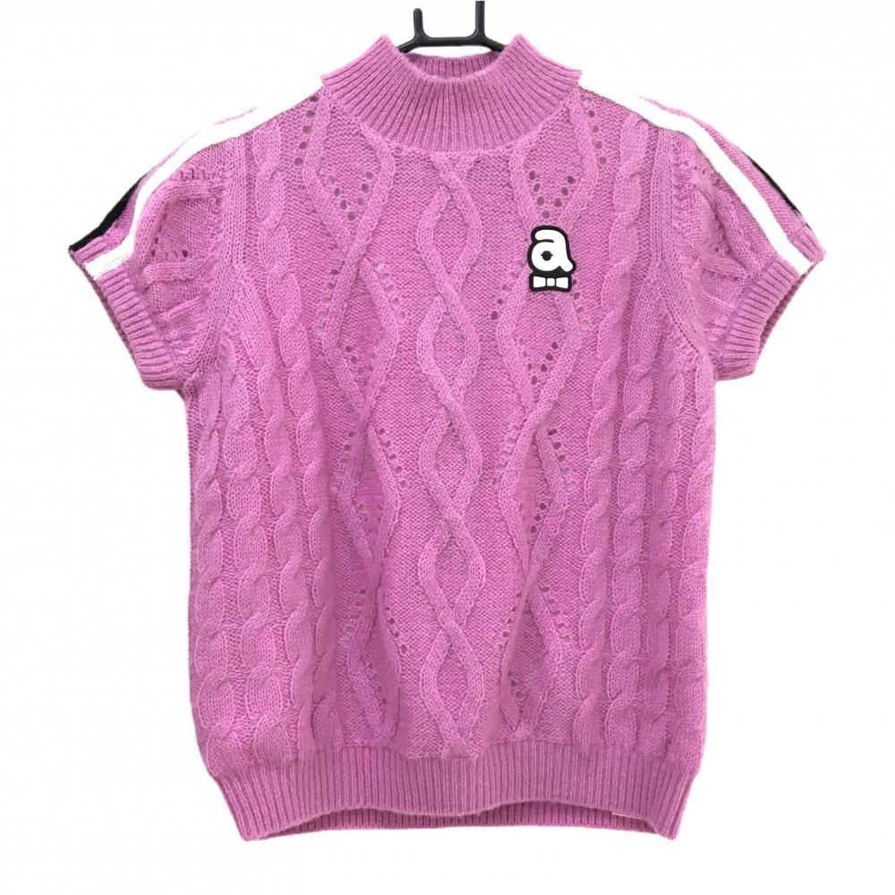 アルチビオ 半袖ハイネックセーター ピンク×白 肩ライン ケーブル編み