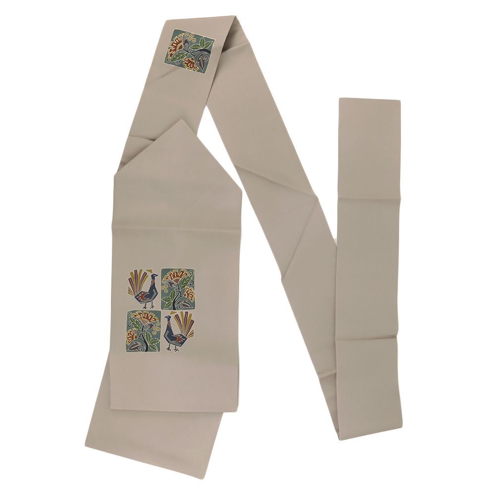 名古屋帯 手描友禅 正絹 塩瀬 本加工 九寸 鳥 グレー 新品 カジュアル