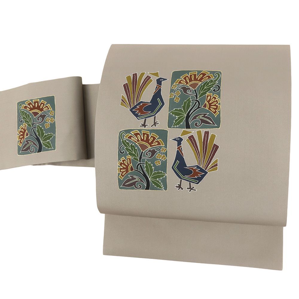 名古屋帯 手描友禅 正絹 塩瀬 本加工 九寸 鳥 グレー 新品 カジュアル