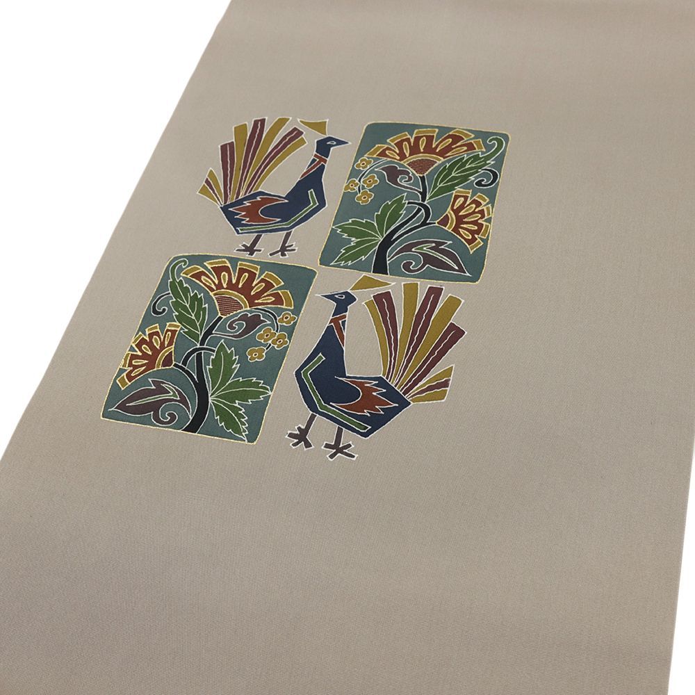 名古屋帯 手描友禅 正絹 塩瀬 本加工 九寸 鳥 グレー 新品 カジュアル