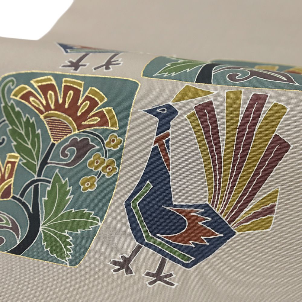 名古屋帯 手描友禅 正絹 塩瀬 本加工 九寸 鳥 グレー 新品 カジュアル