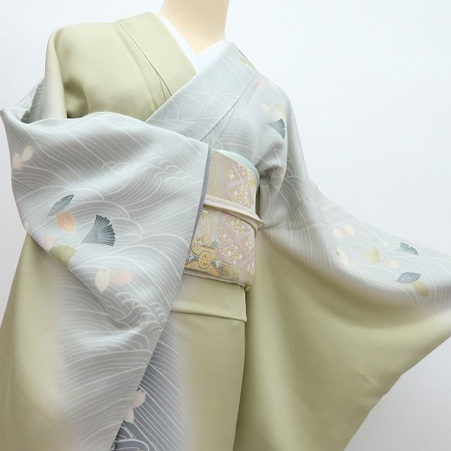 百華❀Y4397◇作家物落款 千代 縫い一つ紋 イチョウ 桜 手縫い仕立て
