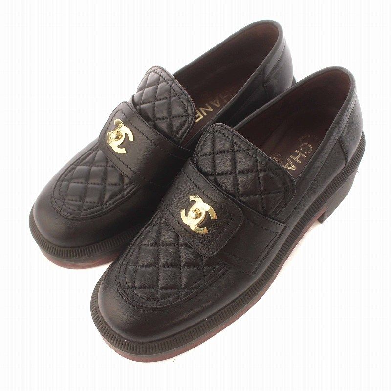 CHANEL ブラック ローファー キルティング シャネル CHANEL 21AW ローファー レザー キルティング CCターンロック