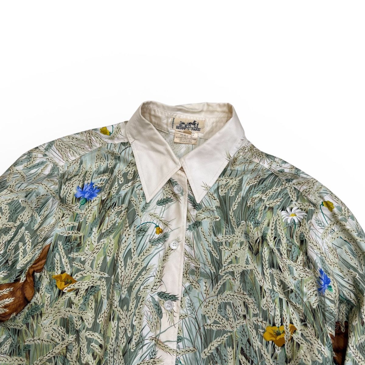古着◇エルメス◇シルクシャツ 長袖シャツ 42 麦・ウサギ柄 中古 